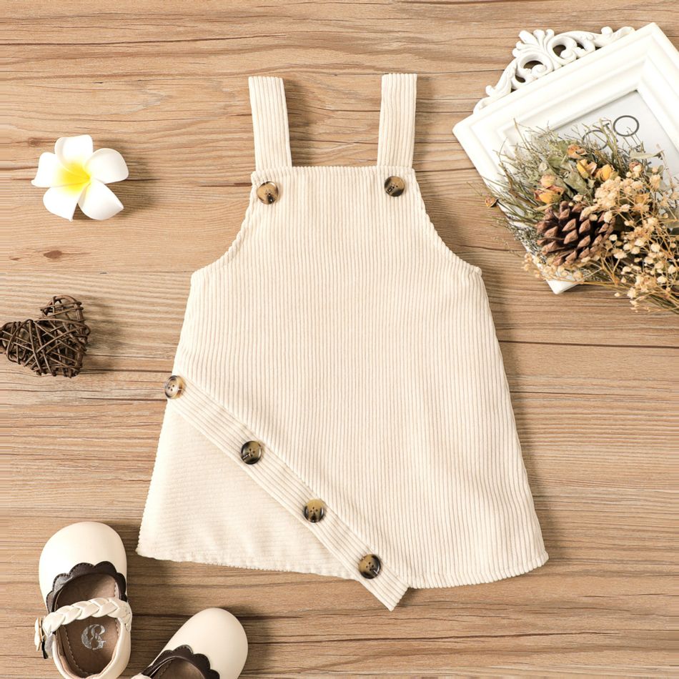 Baby Girl Button Design Solid Corduroy Sleeveless Overall Dress Creamy White