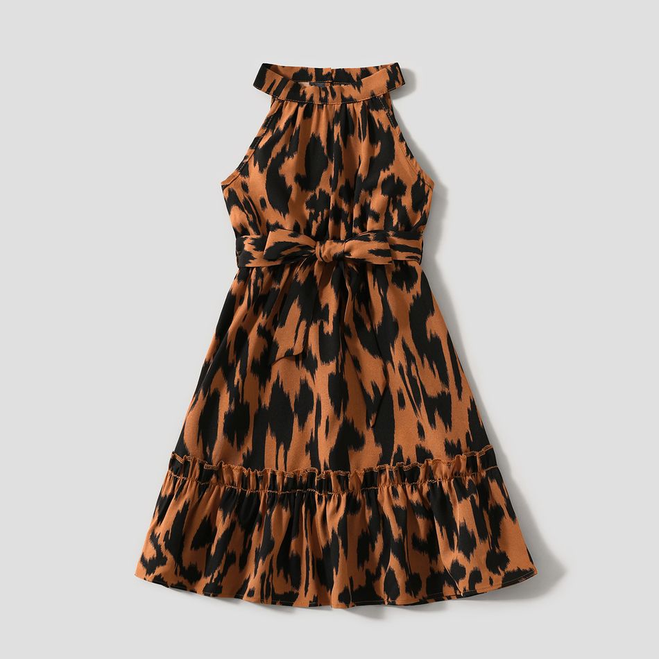Family Matching Brown Leopard Halter Neck Sleeveless Belted Dresses and Raglan-sleeve T-shirts Sets Brown big image 13