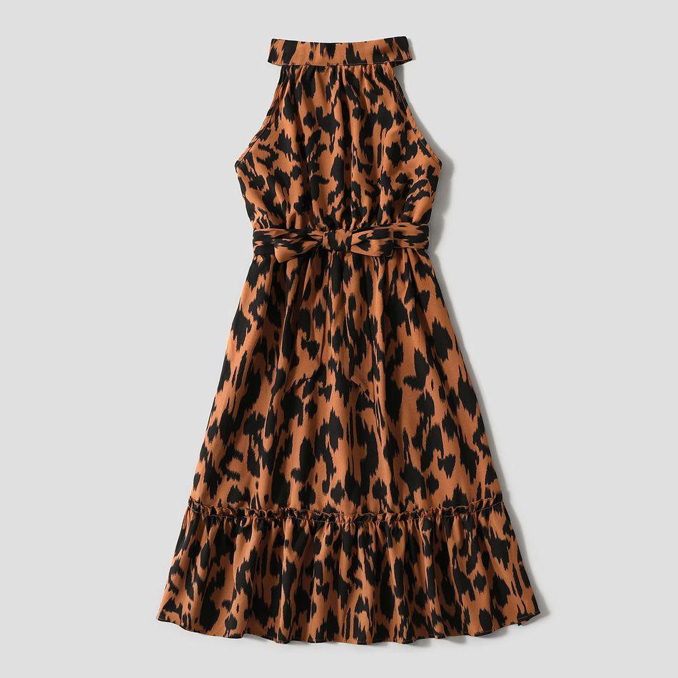 Family Matching Brown Leopard Halter Neck Sleeveless Belted Dresses and Raglan-sleeve T-shirts Sets Brown big image 8