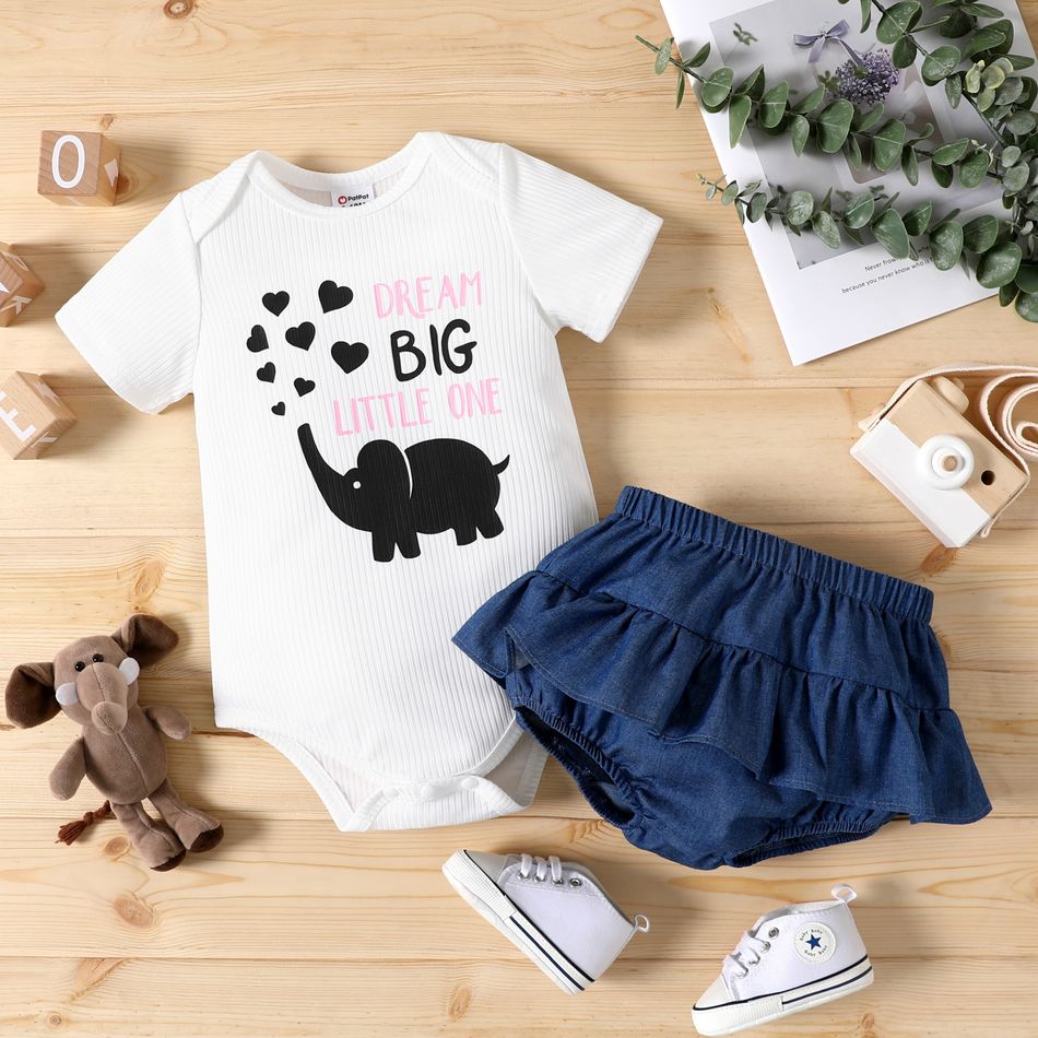 2pcs Baby Girl Elephant and Letter Print Ribbed Short-sleeve Romper and Ruffle Shorts Set White