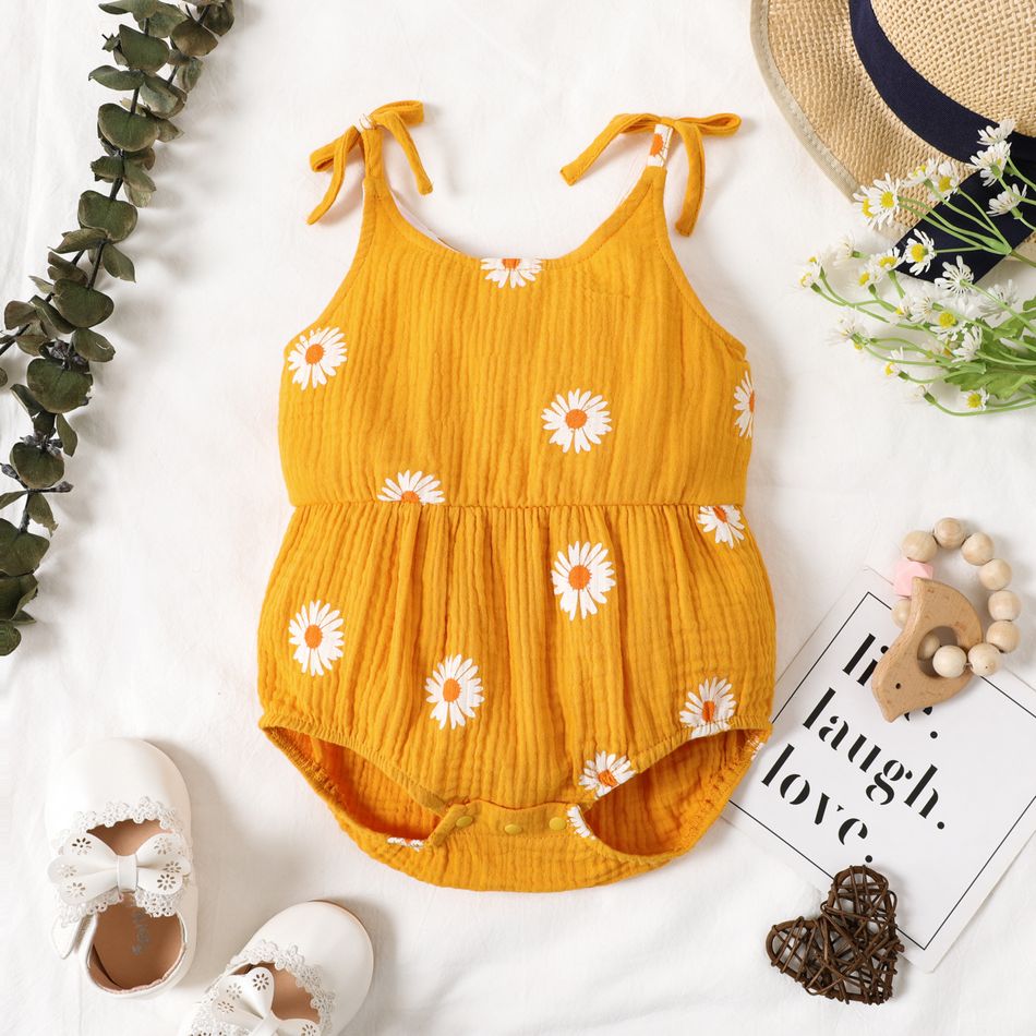 Baby Girl 100% Cotton Lined All Over Daisy Floral Print Spaghetti Strap Crepe Romper Yellow