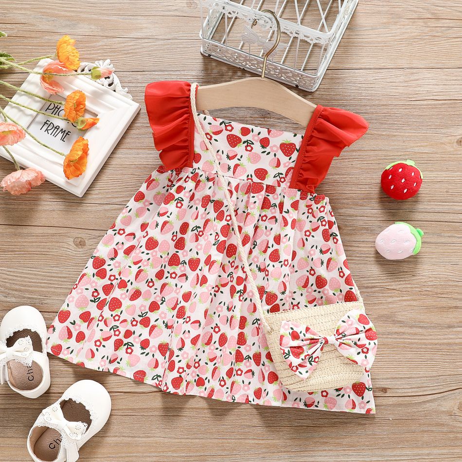2pcs Strawberry Allover Ruffle Decor Square Neck Flutter-sleeve Red or Orange Baby Dress with Bag Set Red
