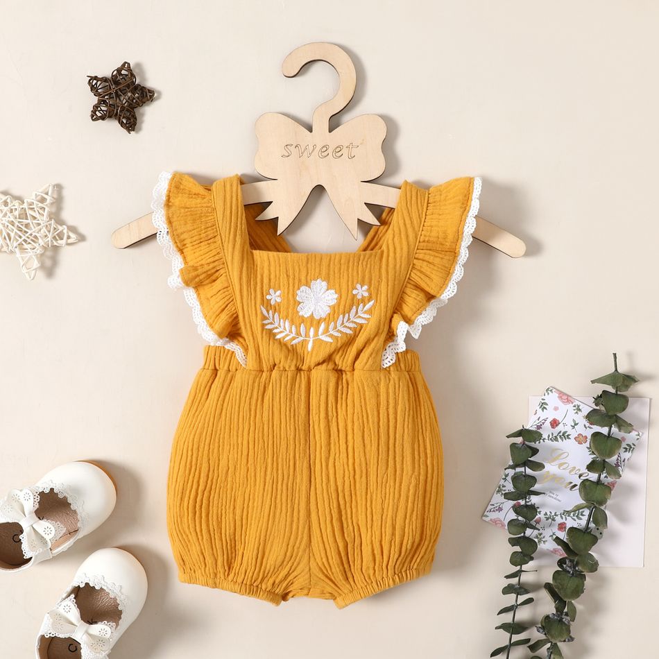 Baby Girl Floral Embroidered 100% Cotton Crepe Sleeveless Lace Ruffle Romper Ginger-2 big image 2