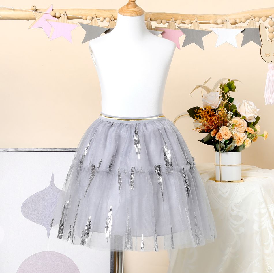 Kid Girl Elasticized Sequined Mesh Design Skirt Grey big image 3