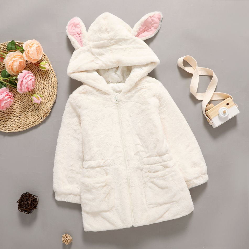 Bunny Design Hooded 3D Ear Decor Fluffy Long-sleeve Pink or White Padded Toddler Coat Jacket White