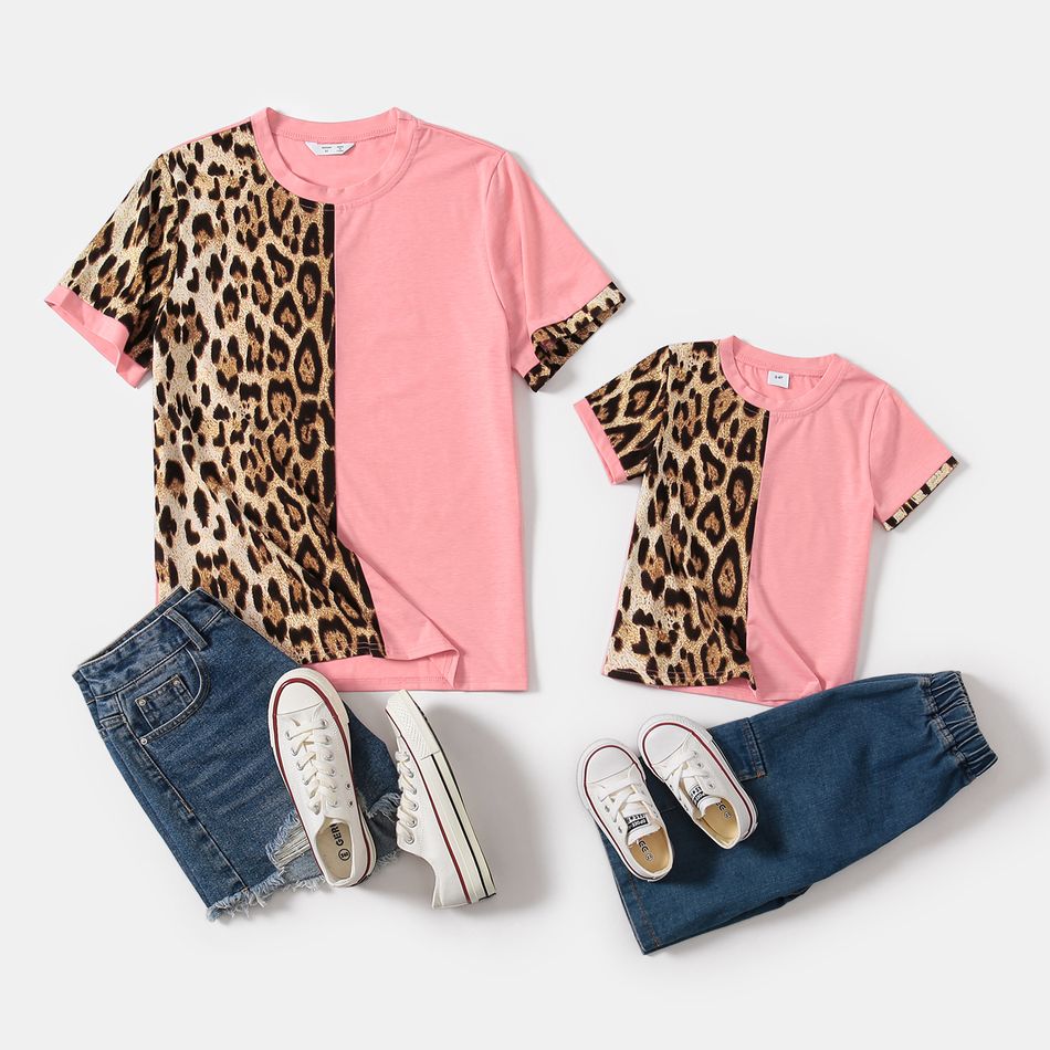 Pink Splicing Leopard Round Neck Short-sleeve T-shirts for Mom and Me Light Pink