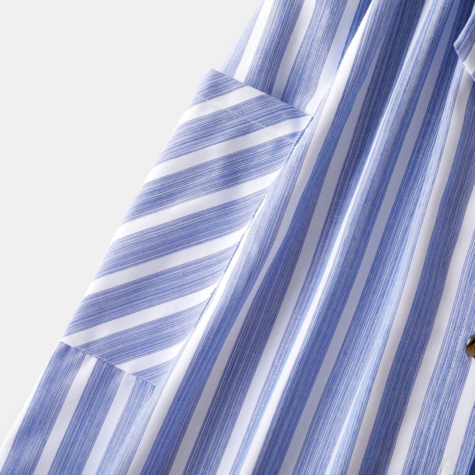 Family Matching Blue Striped V Neck Drop Shoulder Button Up Belted Dresses and Short-sleeve T-shirts Sets Blue big image 6
