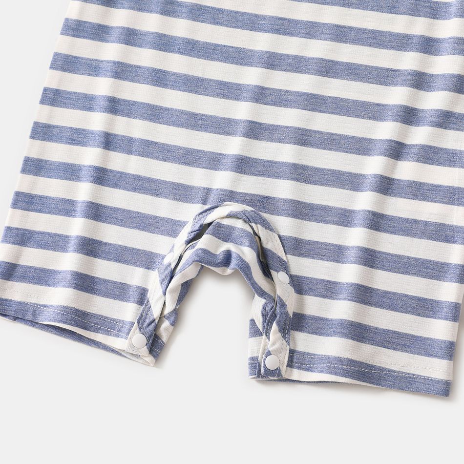 Family Matching Blue Striped V Neck Drop Shoulder Button Up Belted Dresses and Short-sleeve T-shirts Sets Blue big image 15