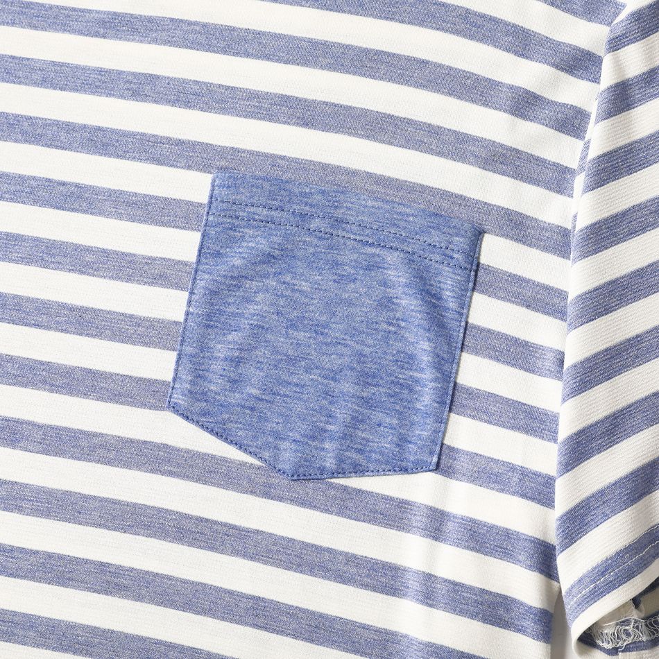 Family Matching Blue Striped V Neck Drop Shoulder Button Up Belted Dresses and Short-sleeve T-shirts Sets Blue big image 9