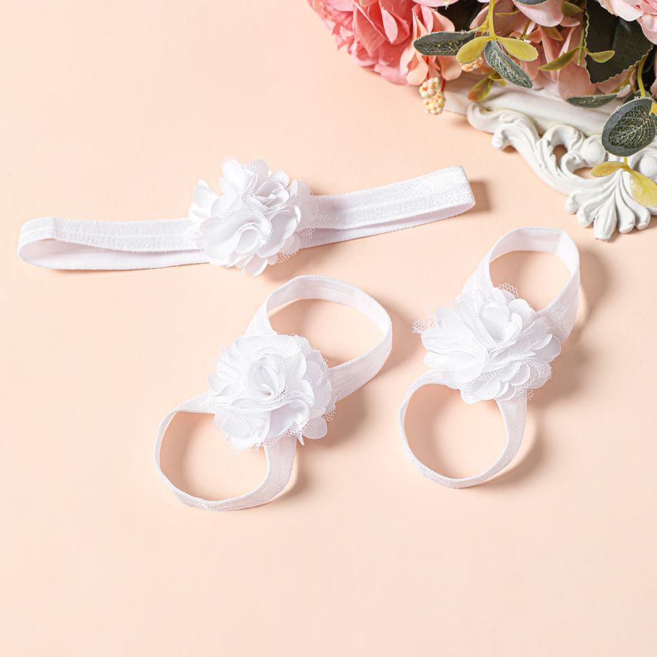 2-pack Lace Flower Barefoot Sandals Foot Flower and Headband Set for Girls White big image 2