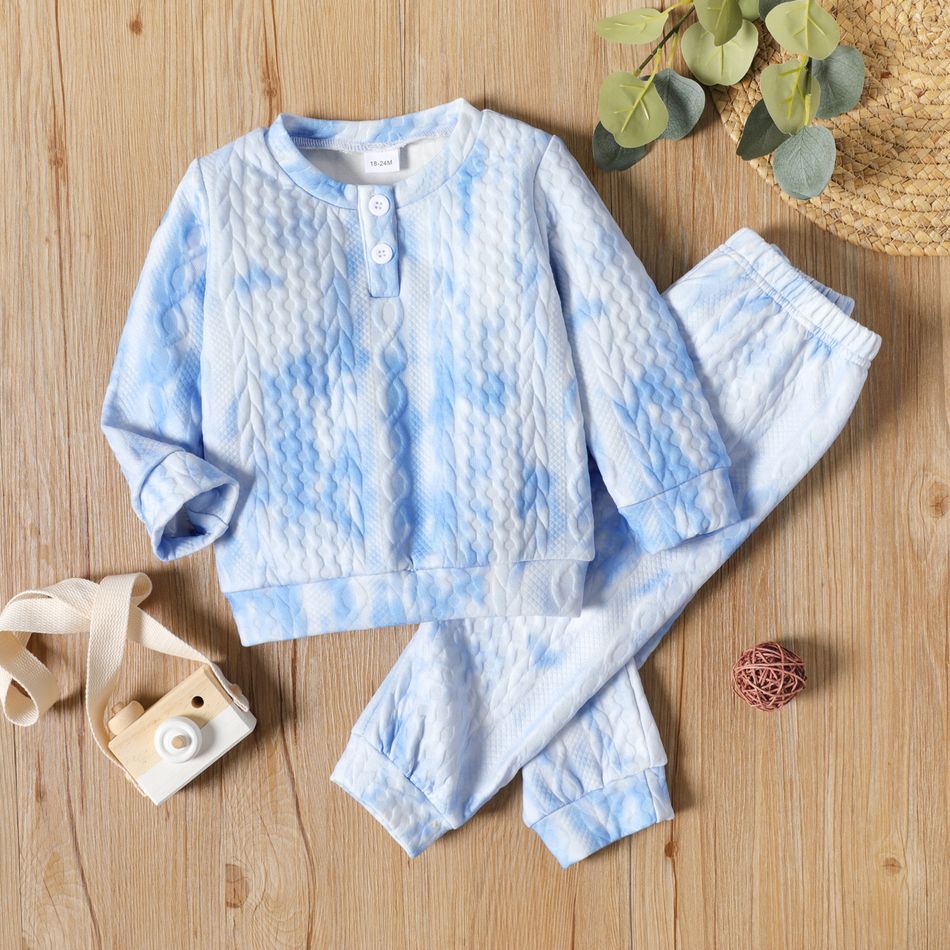 2pcs Toddler Boy/Girl Tie Dyed Button Design Sweatshirt & Pants Set Blue