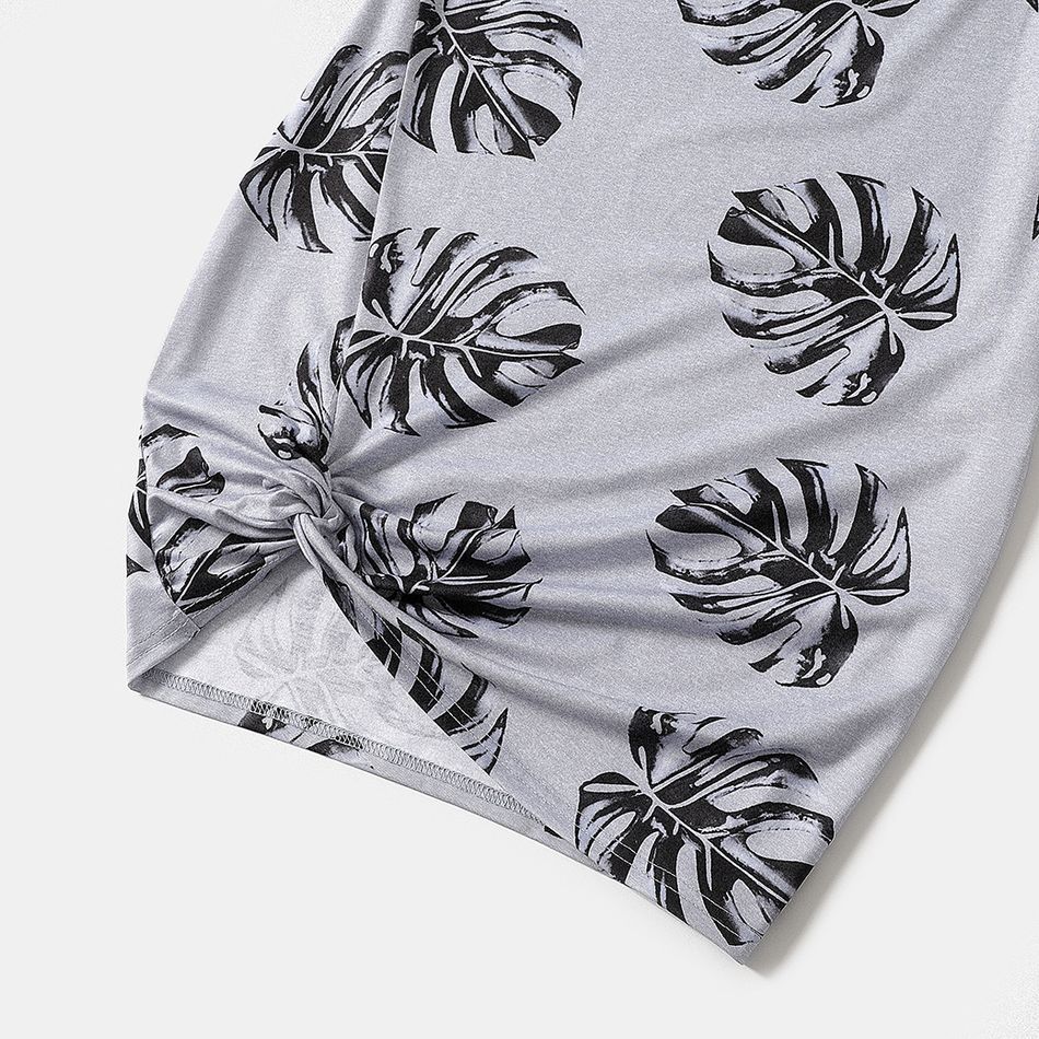 Allover Palm Leaf Print Grey Short-sleeve Twist Knot Bodycon Dress for Mom and Me MiddleAsh big image 5