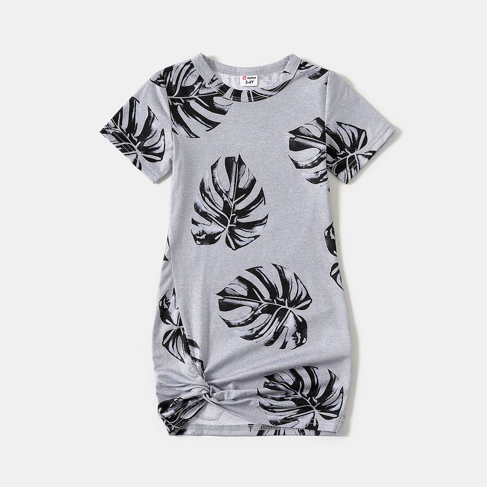 Allover Palm Leaf Print Grey Short-sleeve Twist Knot Bodycon Dress for Mom and Me MiddleAsh big image 6