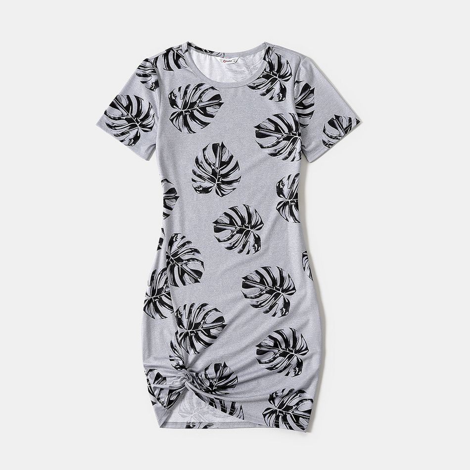 Allover Palm Leaf Print Grey Short-sleeve Twist Knot Bodycon Dress for Mom and Me MiddleAsh big image 2