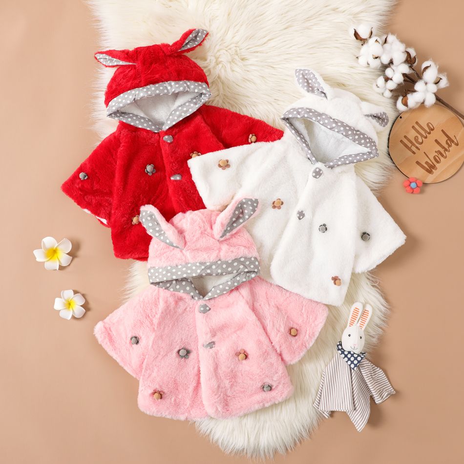 Solid Polka Dots Splice 3D Floral Decor Hooded 3D Ear and Tail Decor Fluffy Fleece-lining Long-sleeve White or Pink or Red Baby Coat Jacket White big image 2