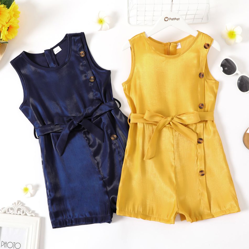 Kid Girl Button Design Solid Color Sleeveless Belted Chiffon Rompers Deep Blue big image 2