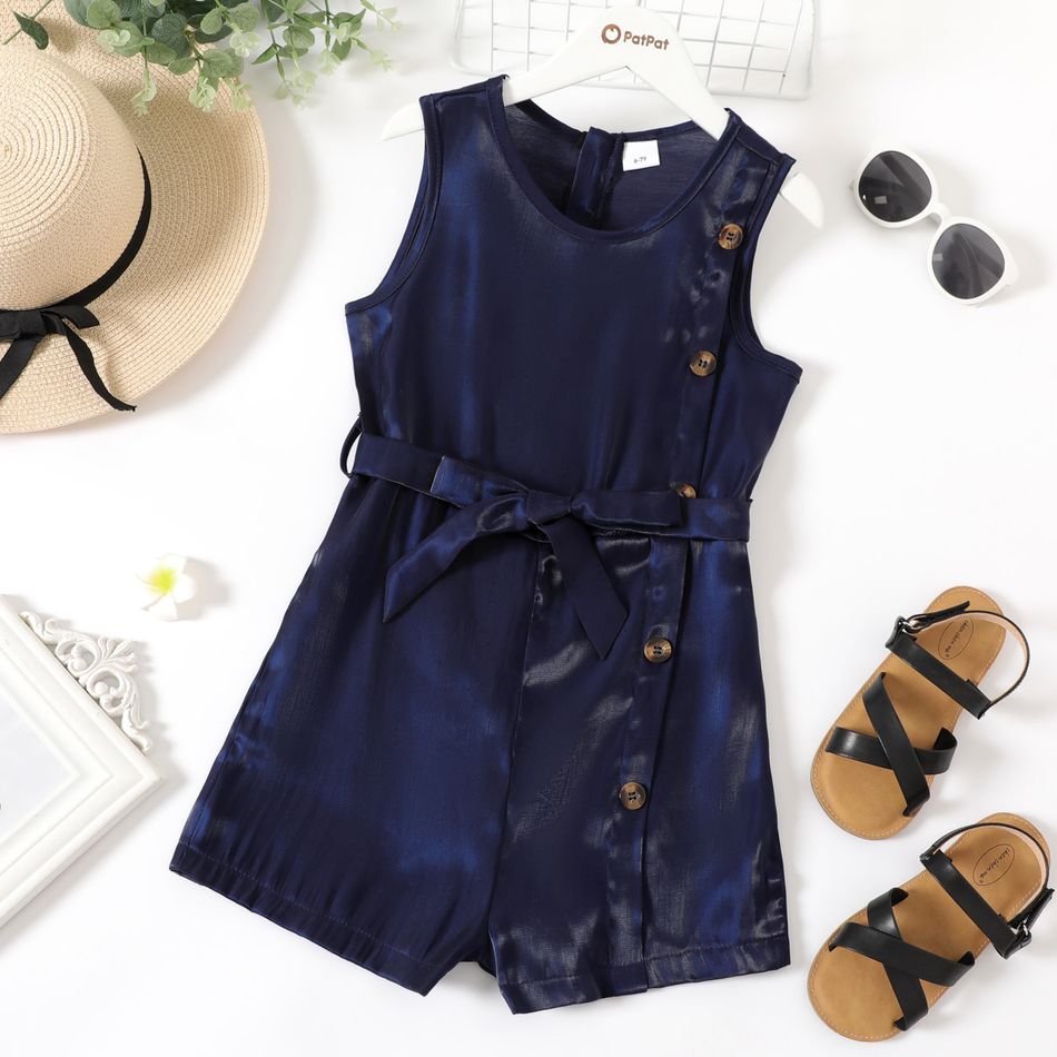 Kid Girl Button Design Solid Color Sleeveless Belted Chiffon Rompers Deep Blue