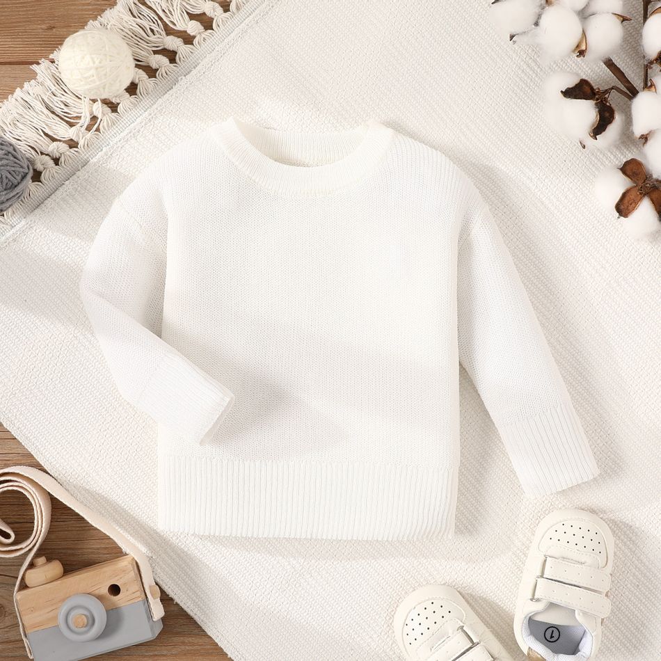 Baby Boy/Girl Solid Knitted Long-sleeve Pullover Sweater White big image 1
