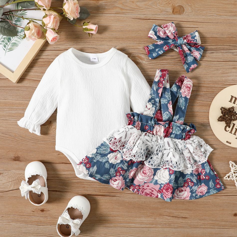 3pcs Baby Girl White Long-sleeve Romper and Lace Floral Print Suspender Skirt with Headband Set Beige