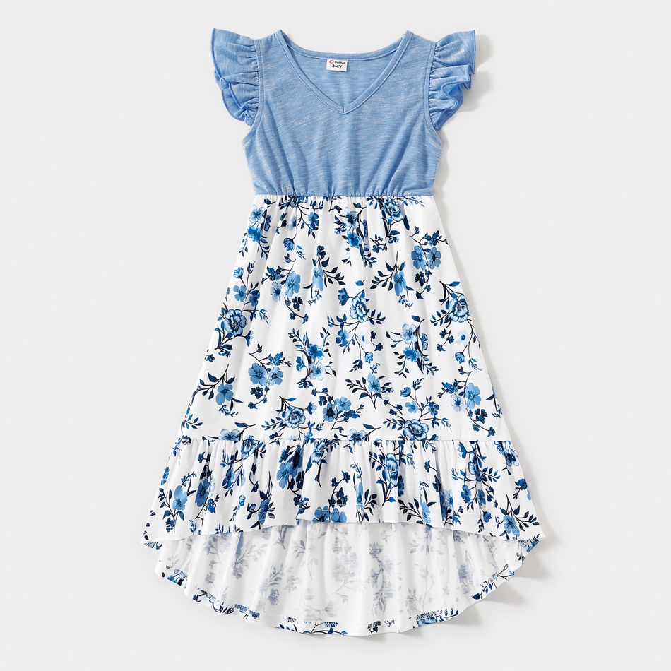 Family Matching Light Blue V Neck Flutter-sleeve Splicing Floral Print Irregular Hem Dresses and Striped T-shirts Sets Light Blue big image 9