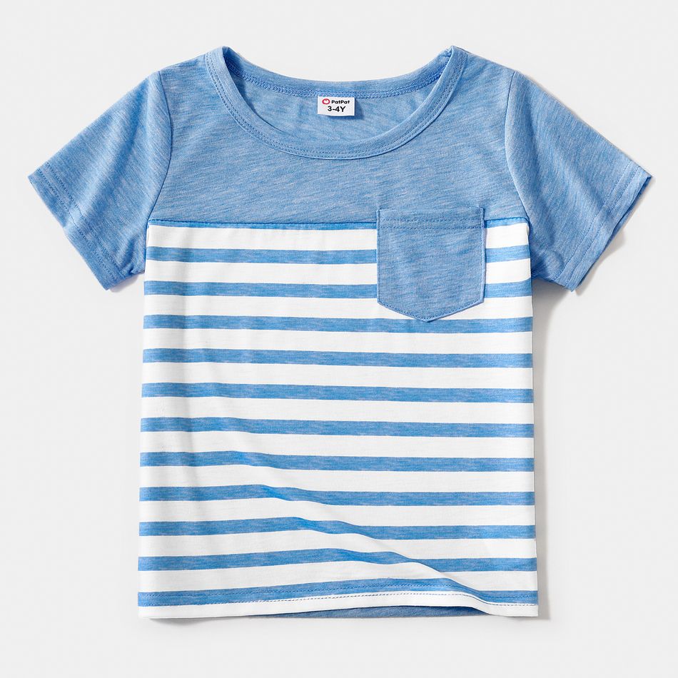 Family Matching Light Blue V Neck Flutter-sleeve Splicing Floral Print Irregular Hem Dresses and Striped T-shirts Sets Light Blue big image 17