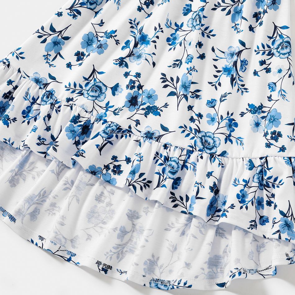 Family Matching Light Blue V Neck Flutter-sleeve Splicing Floral Print Irregular Hem Dresses and Striped T-shirts Sets Light Blue big image 8