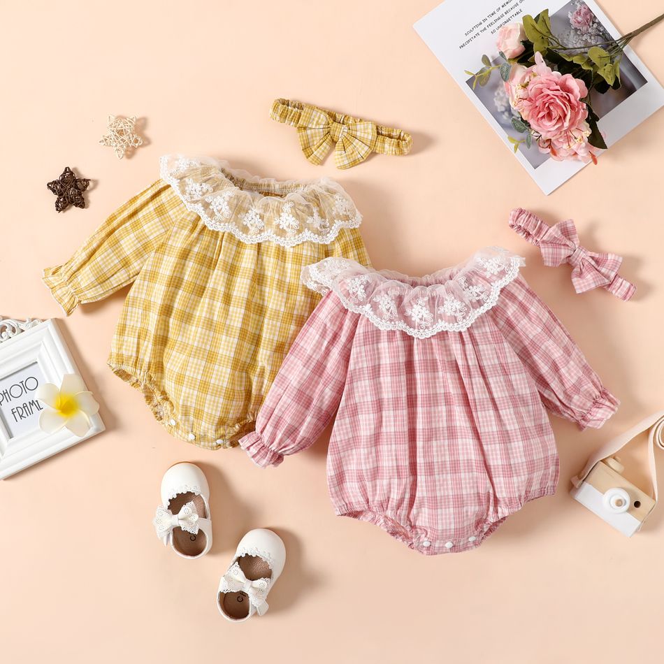 100% Cotton 2pcs Baby Girl Lace Collar Plaid Long-sleeve Romper with Headband Set Pink big image 2