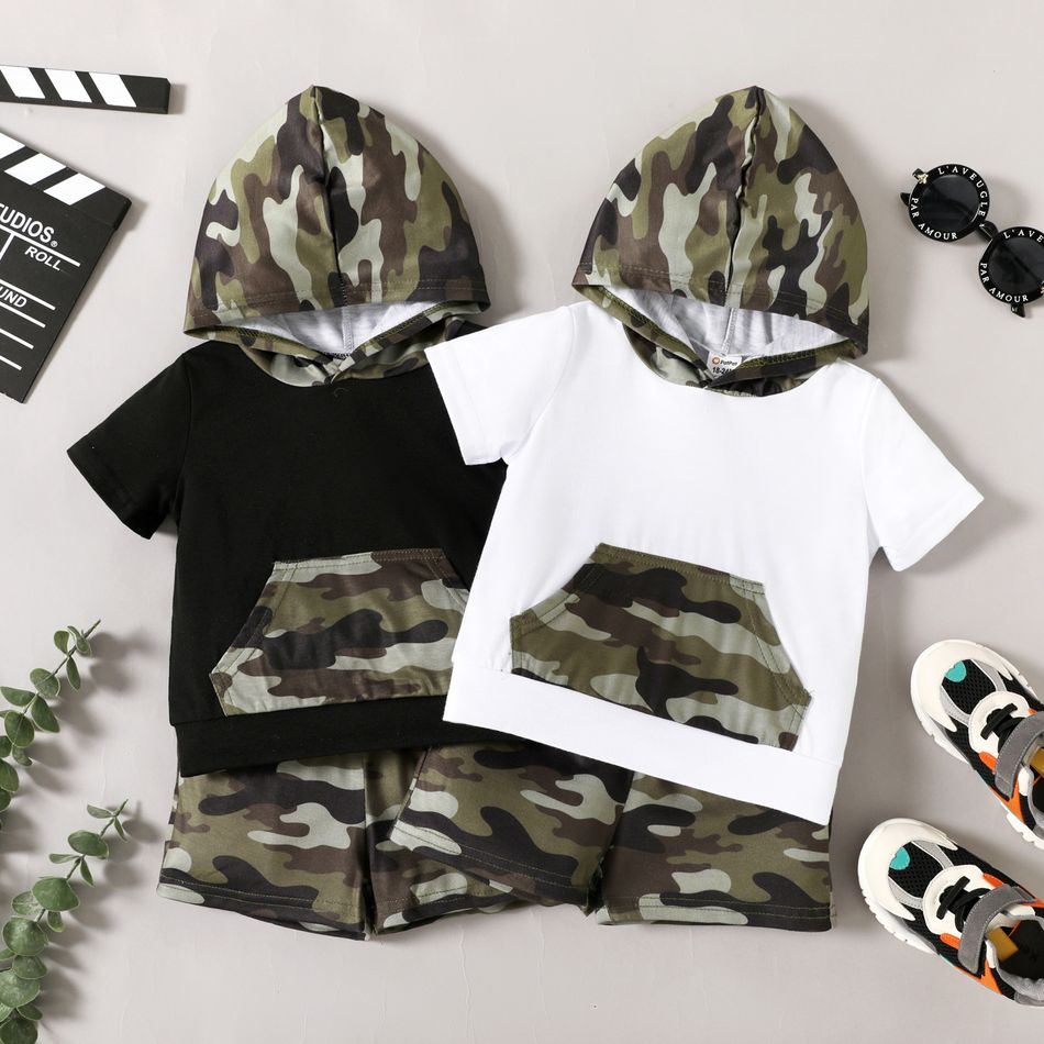 2-piece Toddler Boy Camouflage Print Hooded Tee and Elasticized Shorts Set White big image 2