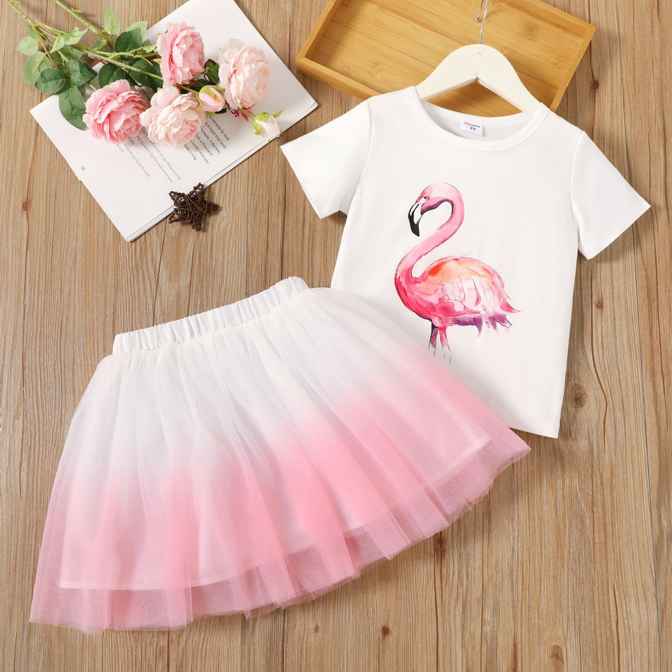 2-piece Toddler Girl Flamingo Print Black Short-sleeve White Tee and Gradient Color Mesh Skirt Set White