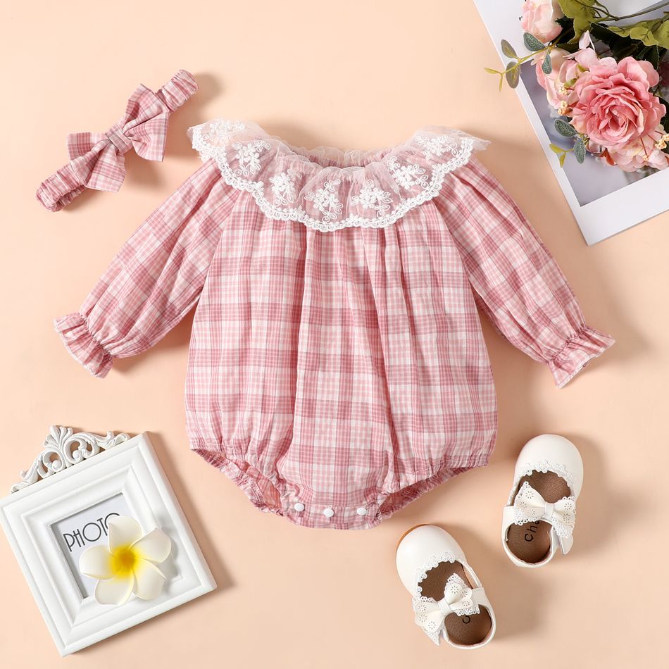 100% Cotton 2pcs Baby Girl Lace Collar Plaid Long-sleeve Romper with Headband Set Pink