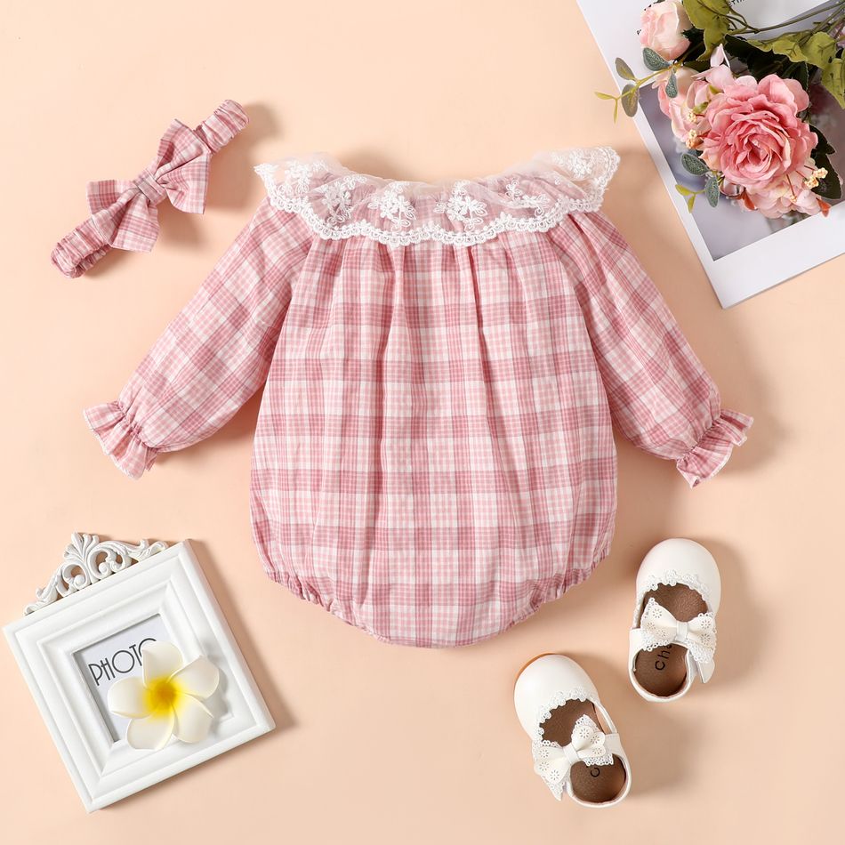 100% Cotton 2pcs Baby Girl Lace Collar Plaid Long-sleeve Romper with Headband Set Pink big image 3