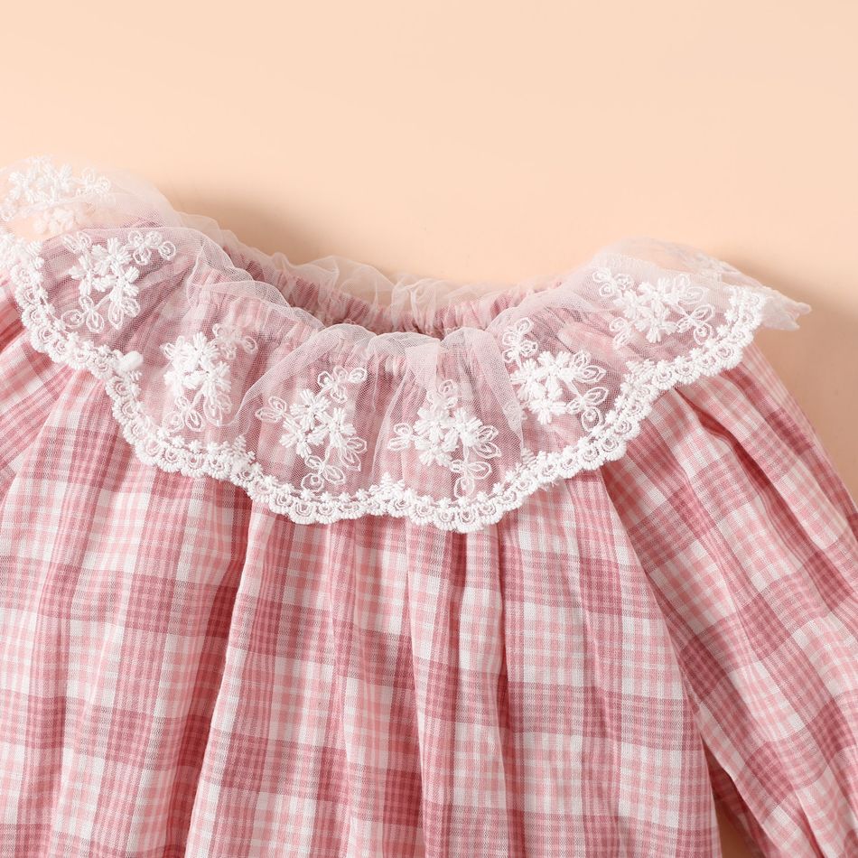 100% Cotton 2pcs Baby Girl Lace Collar Plaid Long-sleeve Romper with Headband Set Pink big image 4