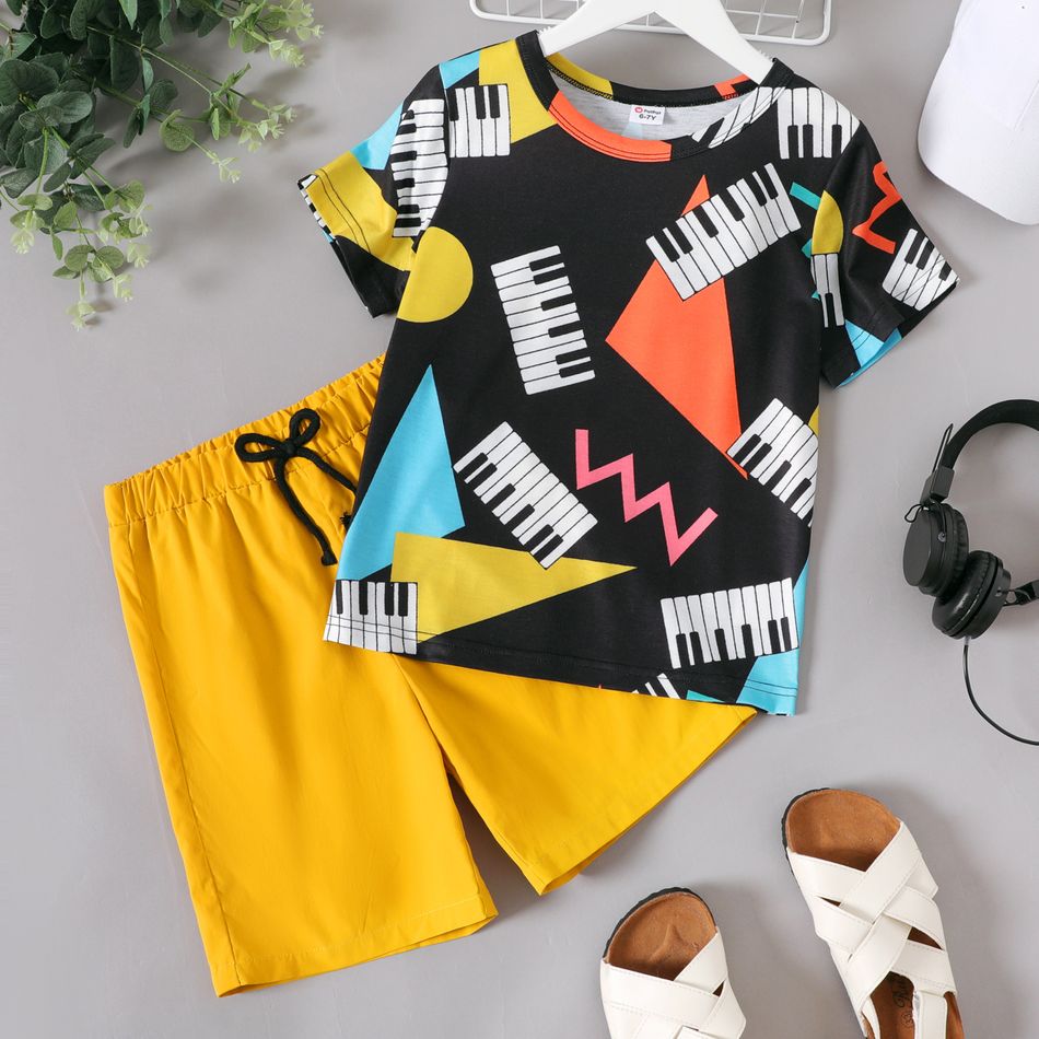 2-piece Kid Boy Colorblock Piano/Radio Print Short-sleeve Tee and Elasticized Shorts Set Yellow