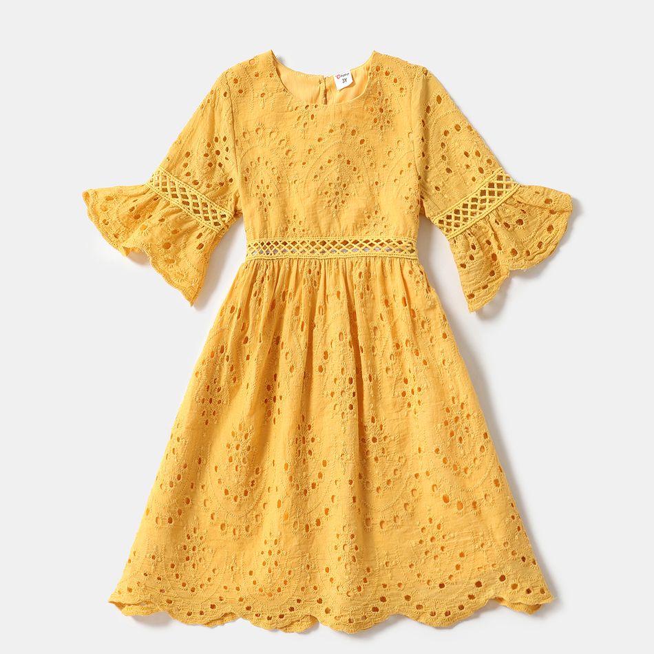 Yellow Hollow Out Embroidered Ruffle Flared Sleeve Dress for Mom and Me TenderYellow big image 6