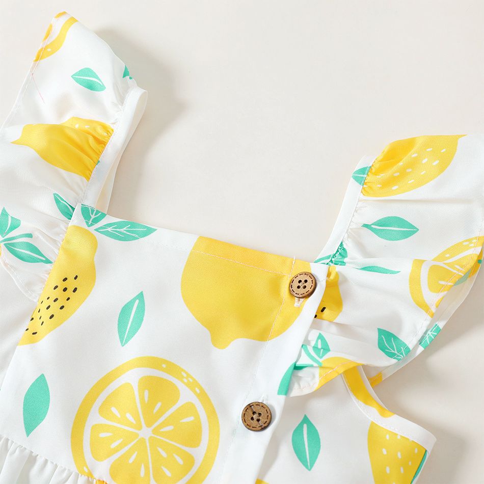 Toddler Girl Button Design Lemon Print/Plaid Flutter-sleeve Dress White big image 3