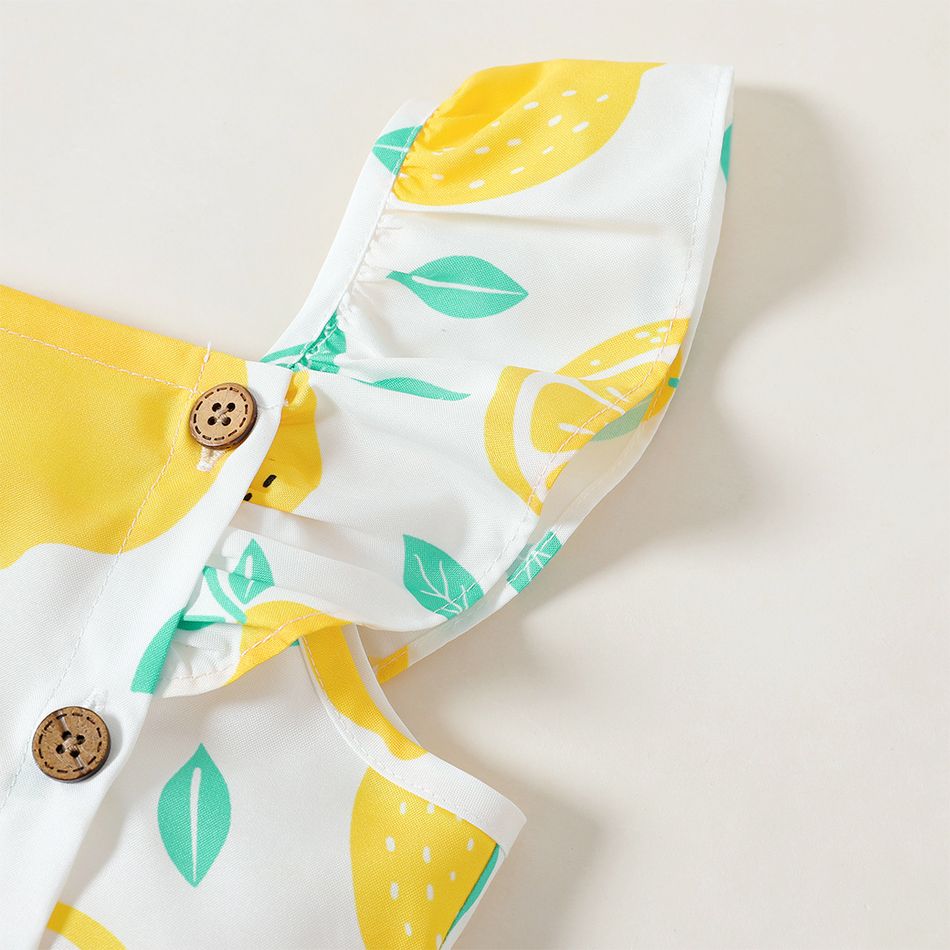 Toddler Girl Button Design Lemon Print/Plaid Flutter-sleeve Dress White big image 4