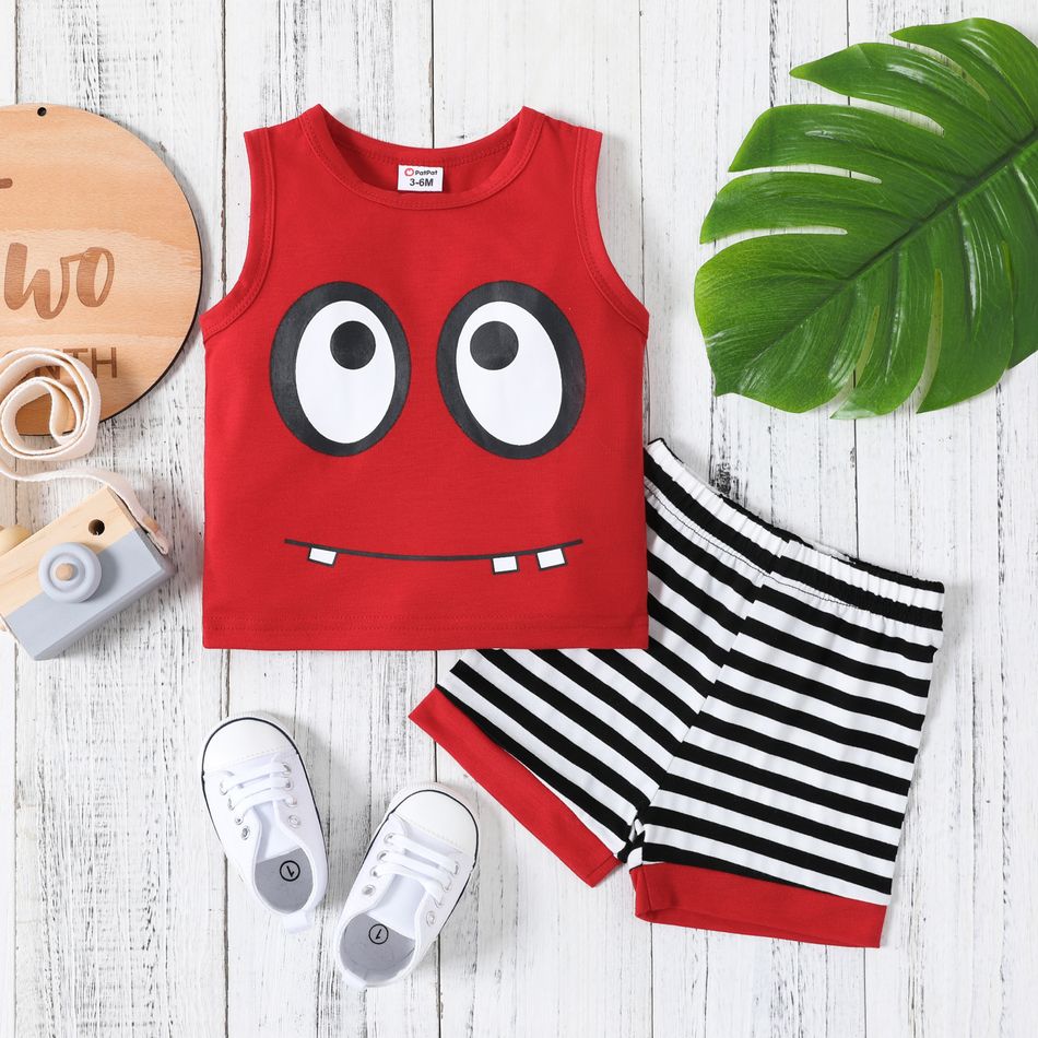 2pcs Baby Boy Cartoon Print Sleeveless Tank Top and Striped Shorts Set Red