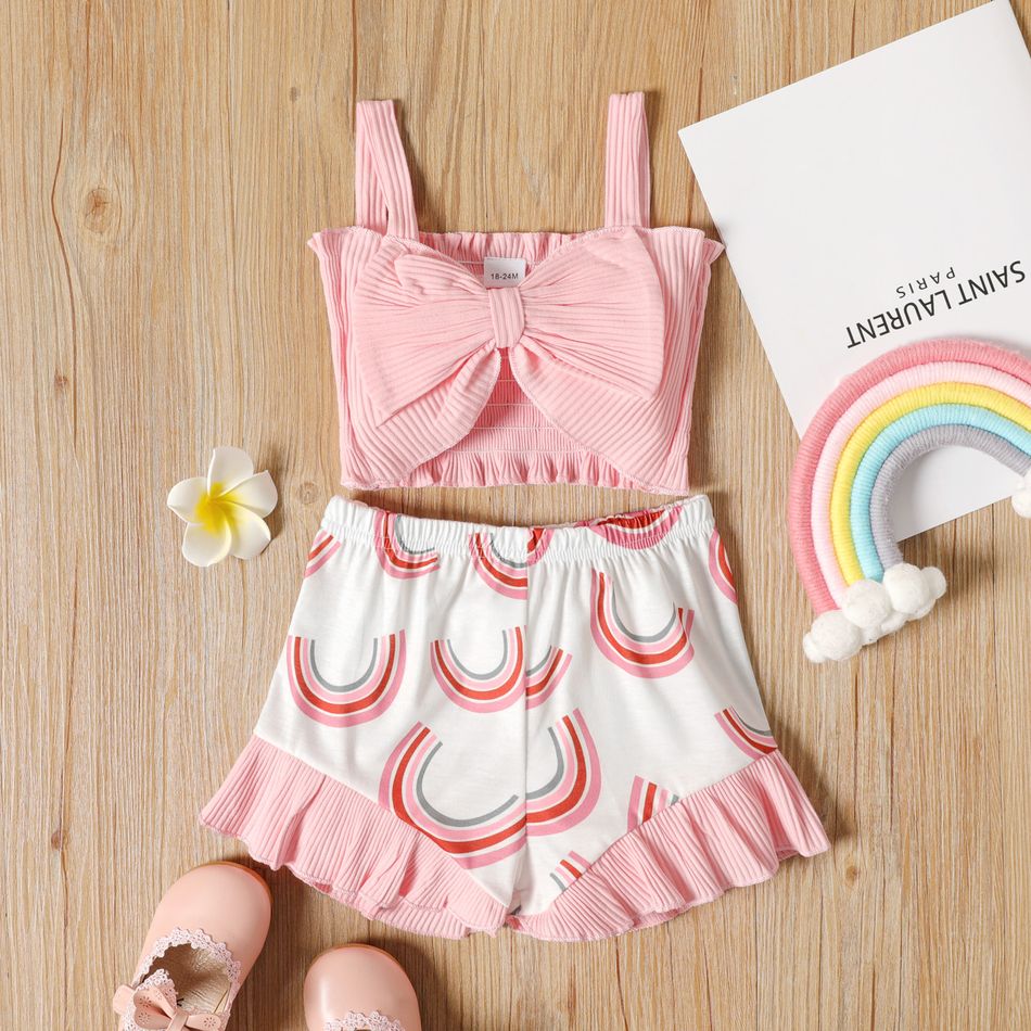 2-piece Toddler Girl Bowknot Design Pink Ribbed Camisole and Ruffled Rainbow Print Shorts Set Pink