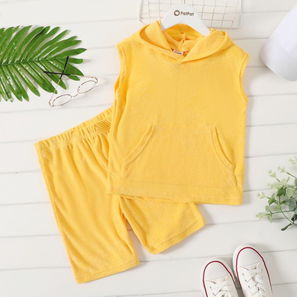 2-piece Kid Boy Solid Color Terrycloth Hooded Sleeveless Tee and Elasticized Shorts Set Yellow