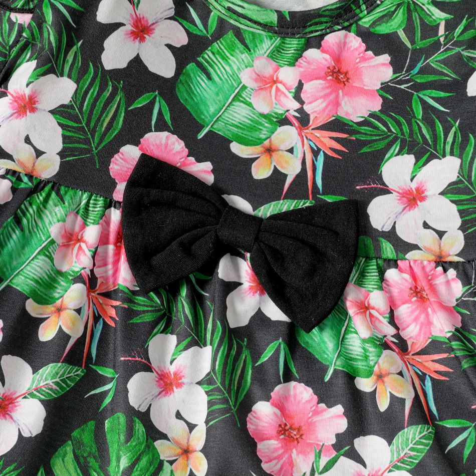 2-piece Toddler Girl Floral Print Bowknot Design Ruffled Short-sleeve Tee and Black Pants Set Black big image 3