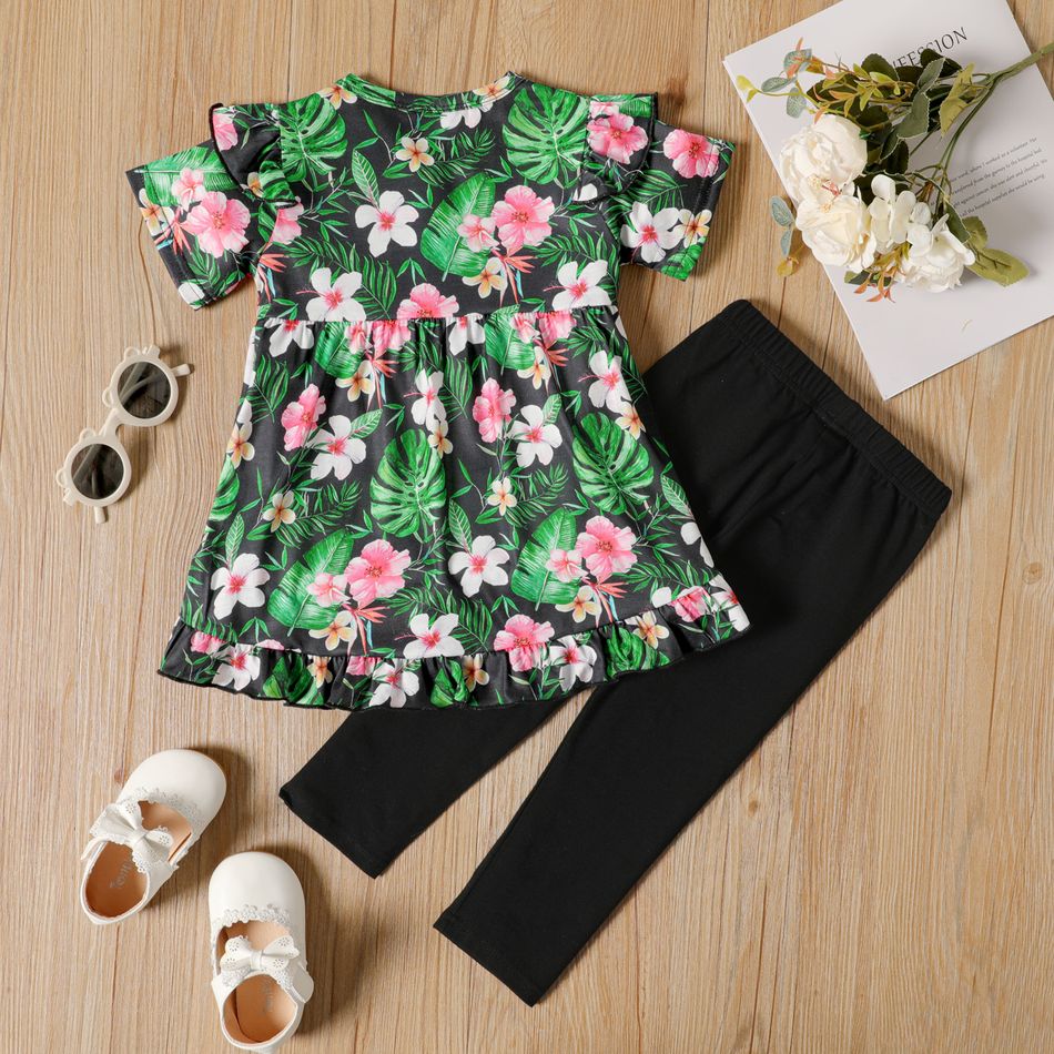2-piece Toddler Girl Floral Print Bowknot Design Ruffled Short-sleeve Tee and Black Pants Set Black big image 2