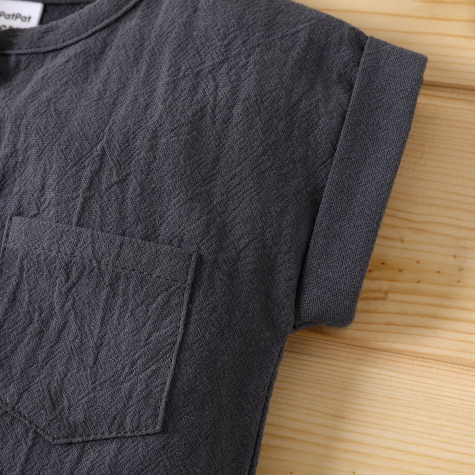 Baby Boy 100% Cotton Solid/Striped Button Up Cap-sleeve Romper Dark Grey big image 4