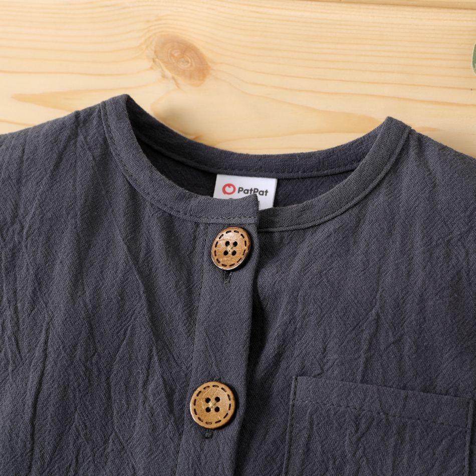 Baby Boy 100% Cotton Solid/Striped Button Up Cap-sleeve Romper Dark Grey big image 3
