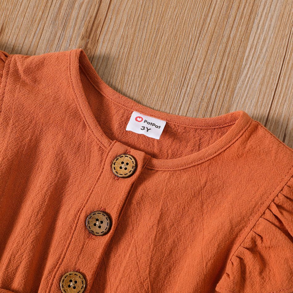 Toddler Girl Butterfly Print Splice Bowknot Button Design Flutter-sleeve Dress Caramel big image 3
