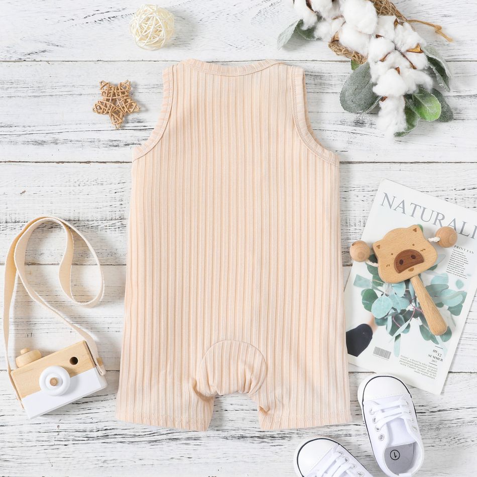 Baby Boy Button Design Solid Ribbed Sleeveless Tan Romper with Pocket Apricot big image 2