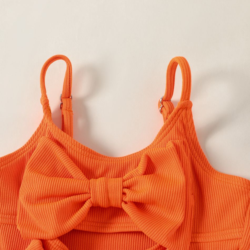 Baby Girl Solid Ribbed Spaghetti Strap Bowknot Hollow Out One-Piece Swimsuit Orange big image 4