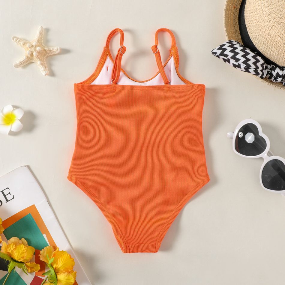 Baby Girl Solid Ribbed Spaghetti Strap Bowknot Hollow Out One-Piece Swimsuit Orange big image 3
