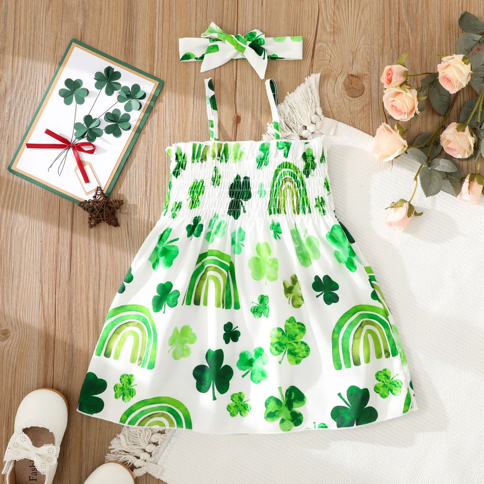 St. Patrick's Day 2-piece Toddler Girl Shamrock Print Rainbow/Striped Smocked Cami Dress and Headband Set White