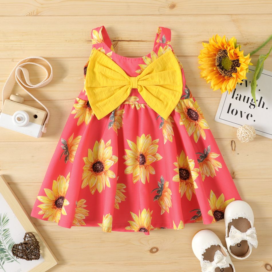 Baby Girl 100% Cotton Bowknot Design All Over Sunflower Floral Print Sleeveless Dress DeepPink