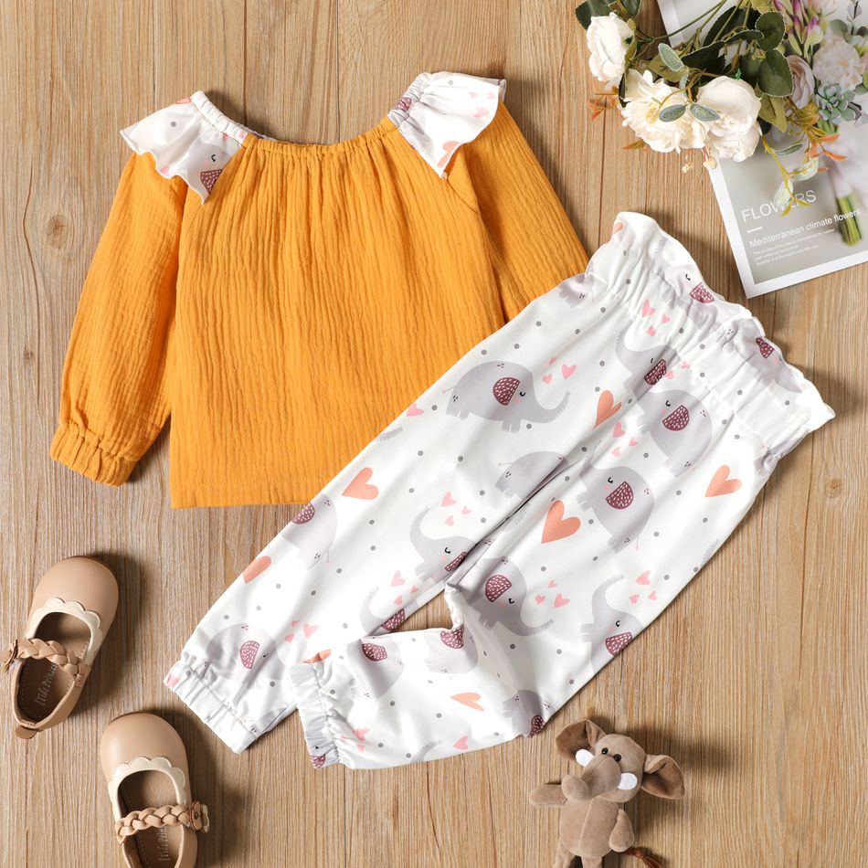 2-piece Toddler Girl Patchwork Off Shoulder Crepe Long-sleeve Top and Heart Elephant Print Paperbag Pants Set Yellow